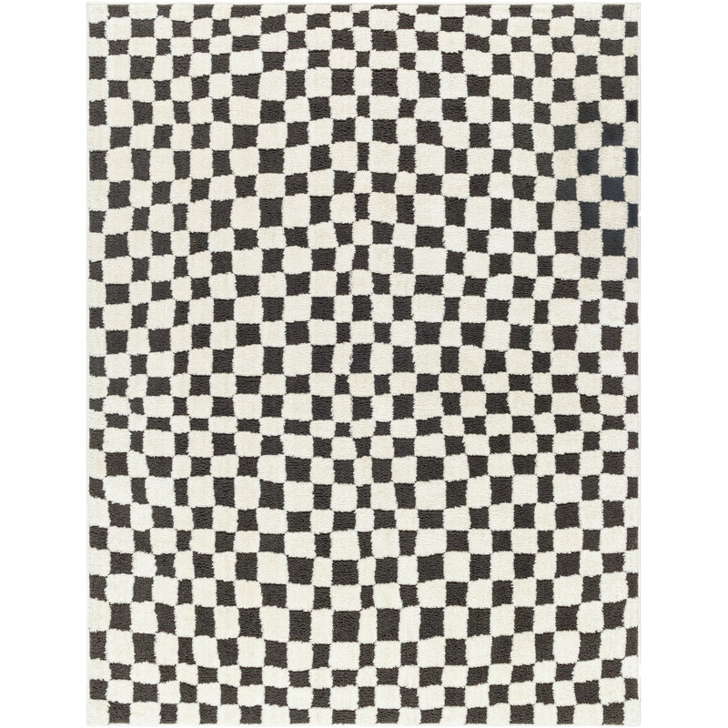 Tapis tissé à la machine en polyester noir / ivoire Caiah, Rectangle 9 pi 2 po x 12 pi