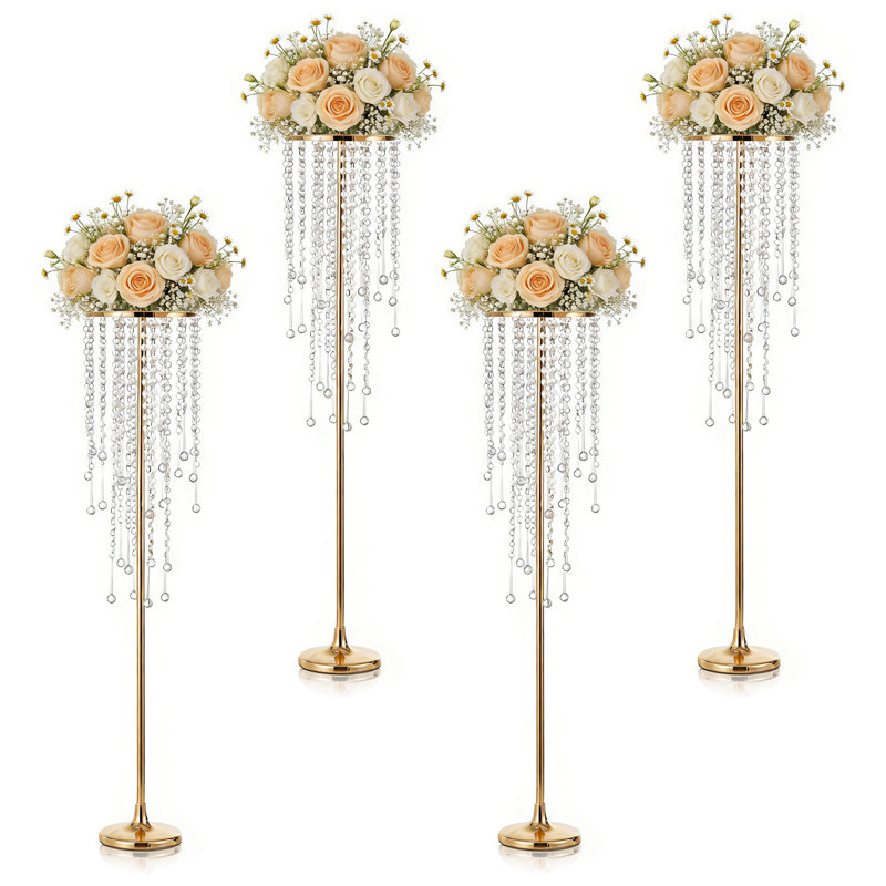 4PCS Gold Tall Vases for Wedding Centerpiece Metal Flower Crystal Centerpieces Stand with Crystal Beads for Event Party Reception Center Piece Floral Arrangements