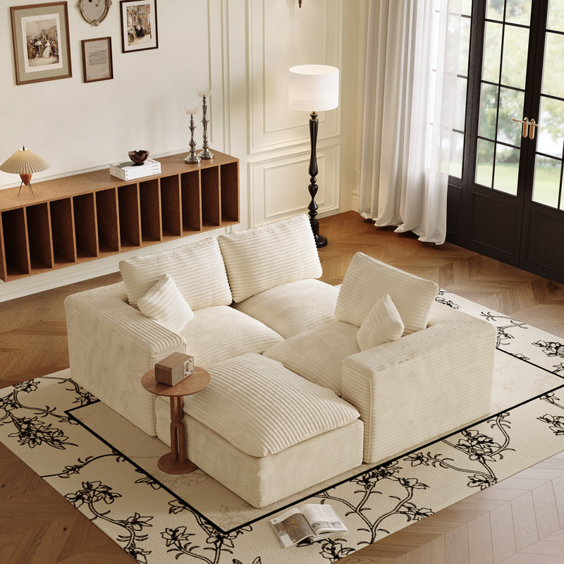 104 Inch Large Sectional Sofa, Modular L Shape Couch With Ottoman, No Assembly Required, Frameless Floor Sofa, Soft Microfiber Fabric, Modern Furniture For Big Living Room, Includes 3 Pillows, Beige