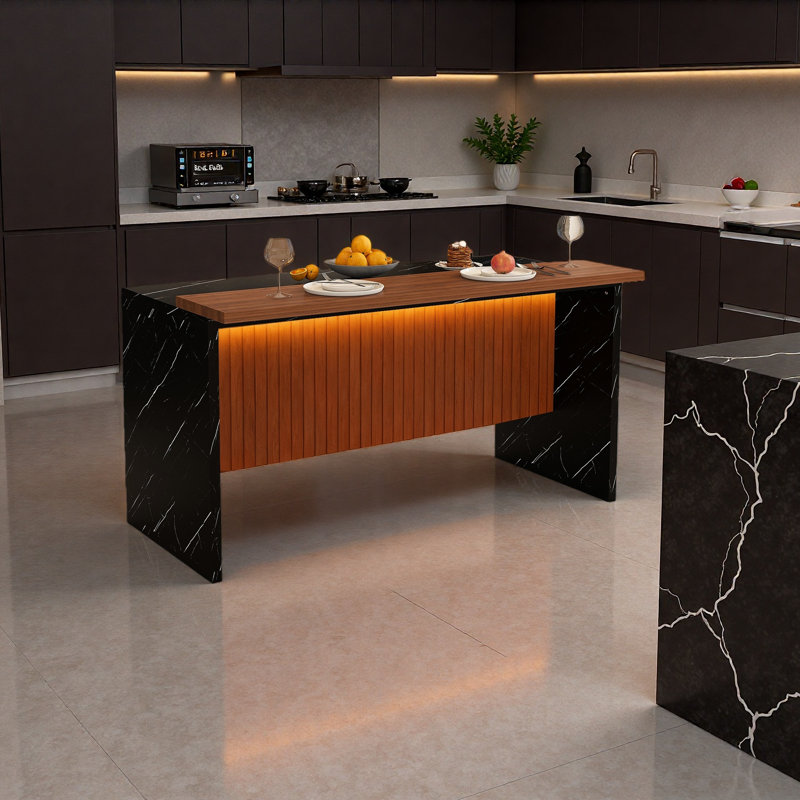 63" Modern Kitchen Island With Marble-Look Surface, LED Lights & Grille Design For Dining Room, Living Room, Black