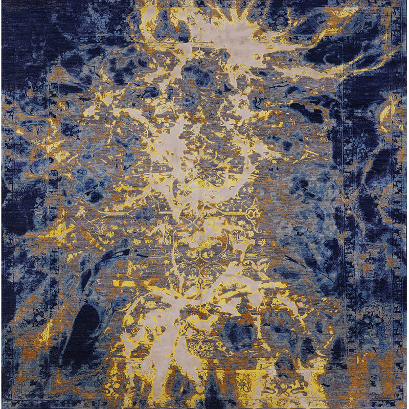 Tapis abstrait bleu / jaune Iron Acton, Carré 8 pi