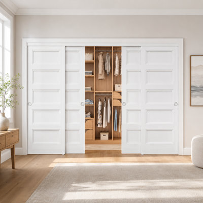 144" x 80" Height 5 Panel Classic Style Interior Sliding Closet Door Solid Core Hardware kit Handles Including