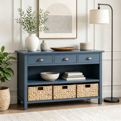 Retro Console Table with 3 Drawers and 3 Water Hyacinth Woven Baskets