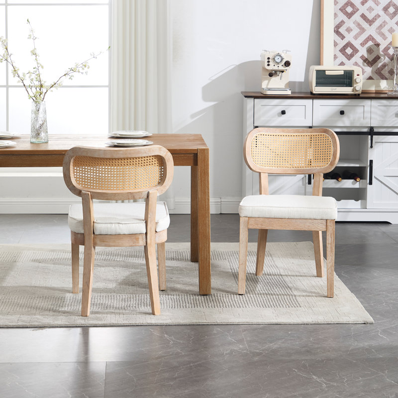 Rattan Dining Chairs Farmhouse Dining Room Chairs Wooden Kitchen Chairs Side Chairs With Cane Backrests, White/Nature