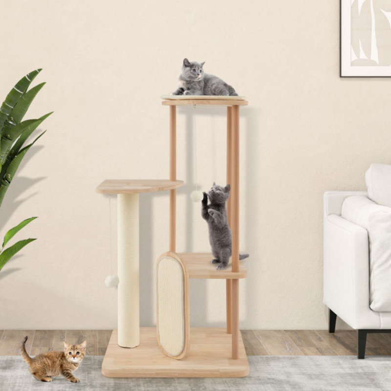 44-Inch Beige Wooden Multi-Level Cat Tower with Sisal Scratching Post