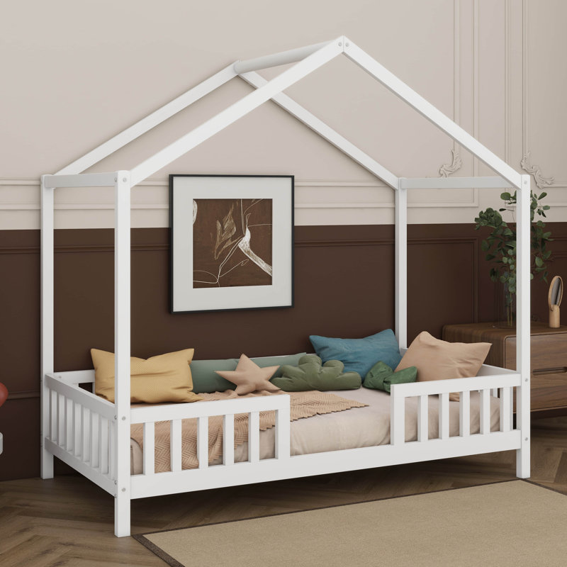 House Bed Frame With Canopy, Montessori Floor Bed, House Bed With Rails For Kids, Kids Bed With Roof, Twin, White
