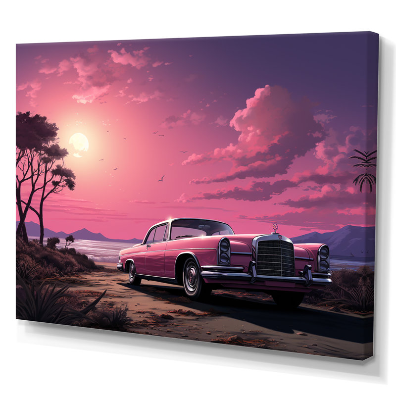 Rose Cadillac sur la plage au coucher du soleil II - voiture, art mural américain ancien, Toile tendue