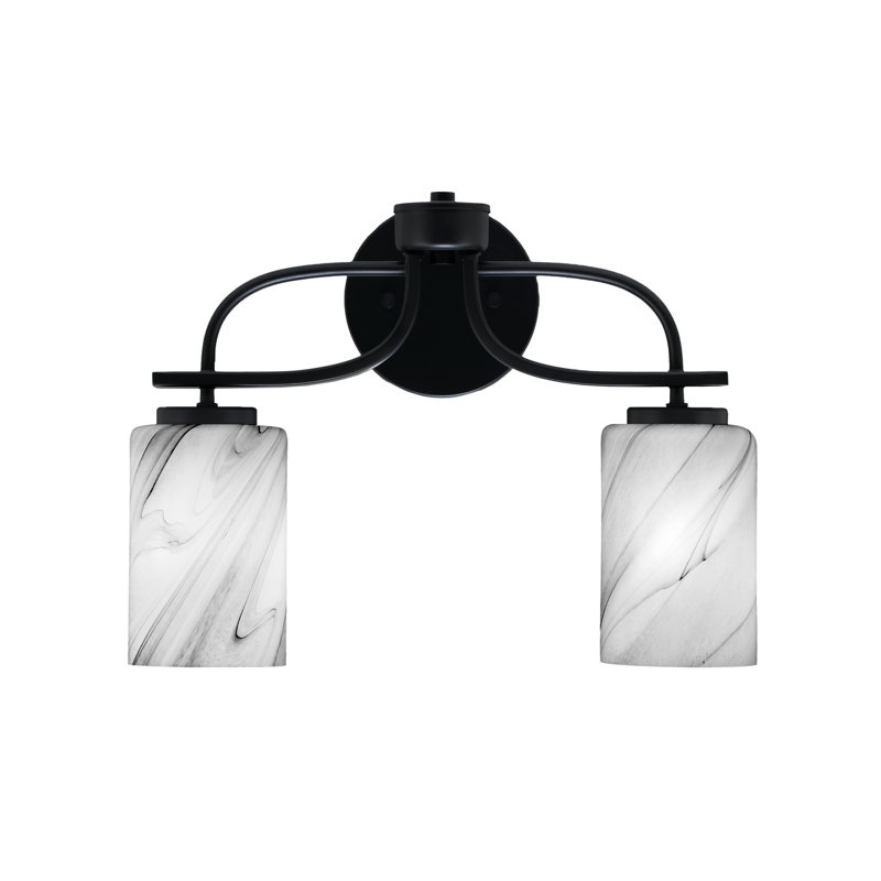 Barre d'éclairage de salle de bain 2 lumières Cavella au fini noir mat avec verre tourbillon onyx de 4 po