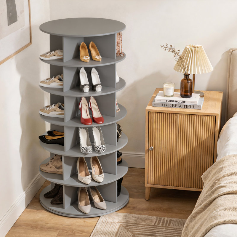 Étagère à chaussures rotative à 6 niveaux, présentoir à chaussures tournant 360 °, carrousel rond rotatif, range-chaussures vertical et sac à main