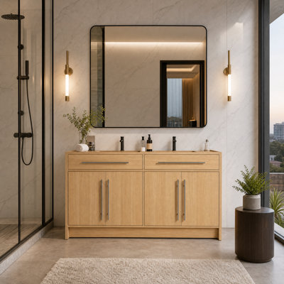 60 Inch Freestanding Bathroom Vanity Base Only with 4 Soft-Close Doors, Original Oak Finish Plywood Storage Cabinet, Interchangeable Handles (Sink Not Included)