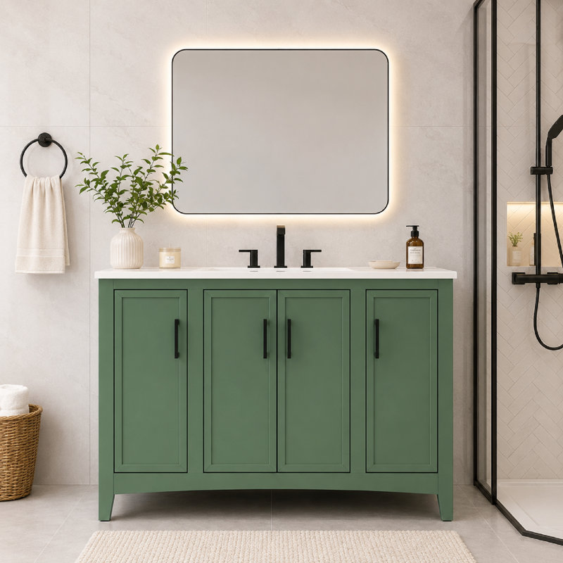 Armoire de meuble-lavabo pliable 48 po avec comptoir en résine intégrée, structure en bois massif, assemblage à verrouillage rapide, finition vert olive