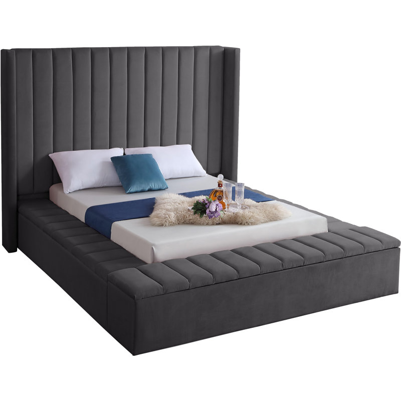 Rick Upholstered Wingback Bed, King, Grey Velvet