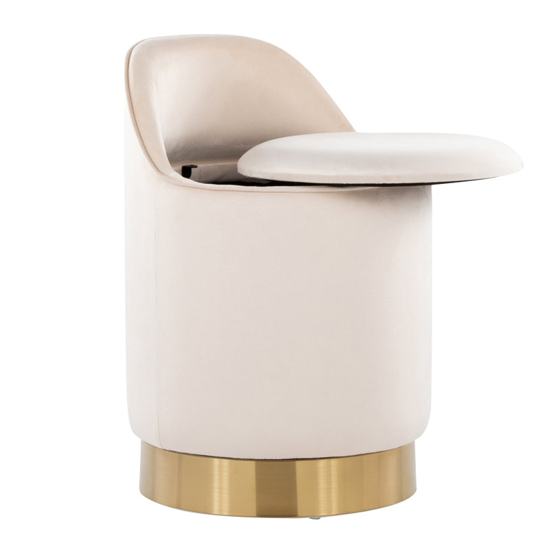 Tabouret de coiffeuse 18 po avec velours crème et pivot en métal doré, style contemporain, couvercle de rangement amovible, article d'intérieur polyvalent, capacité de 250 lb, sans assemblage, rangement, utilisation, poids, requis