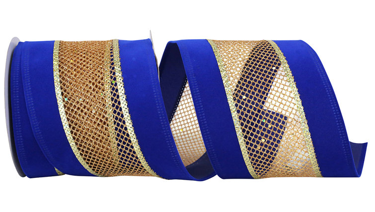 4x10yd Royal/Gold Velvet Mesh Middle Wired Edge Ribbon The Holiday Aisle