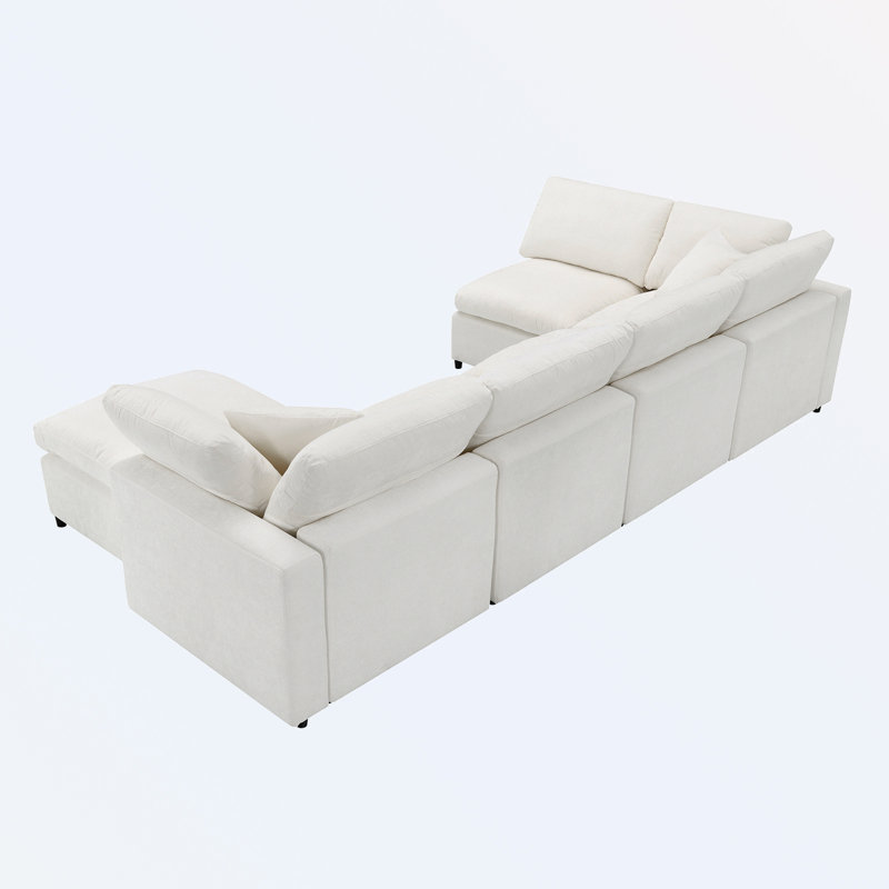 Meadow 130" U-Shaped Modular 6 Seater Chenille Sectional Couch With Ottoman, Beige Chenille