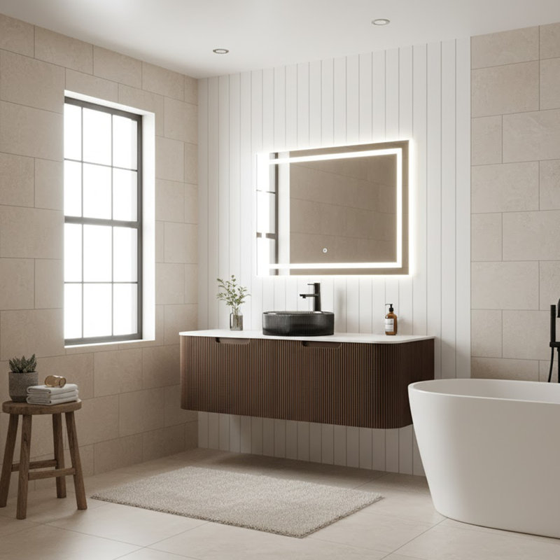 Meuble-lavabo mural avec lavabo, armoire de rangement rayée à bords courbés avec tiroirs, Noyer / blanc de Carrare, 48"