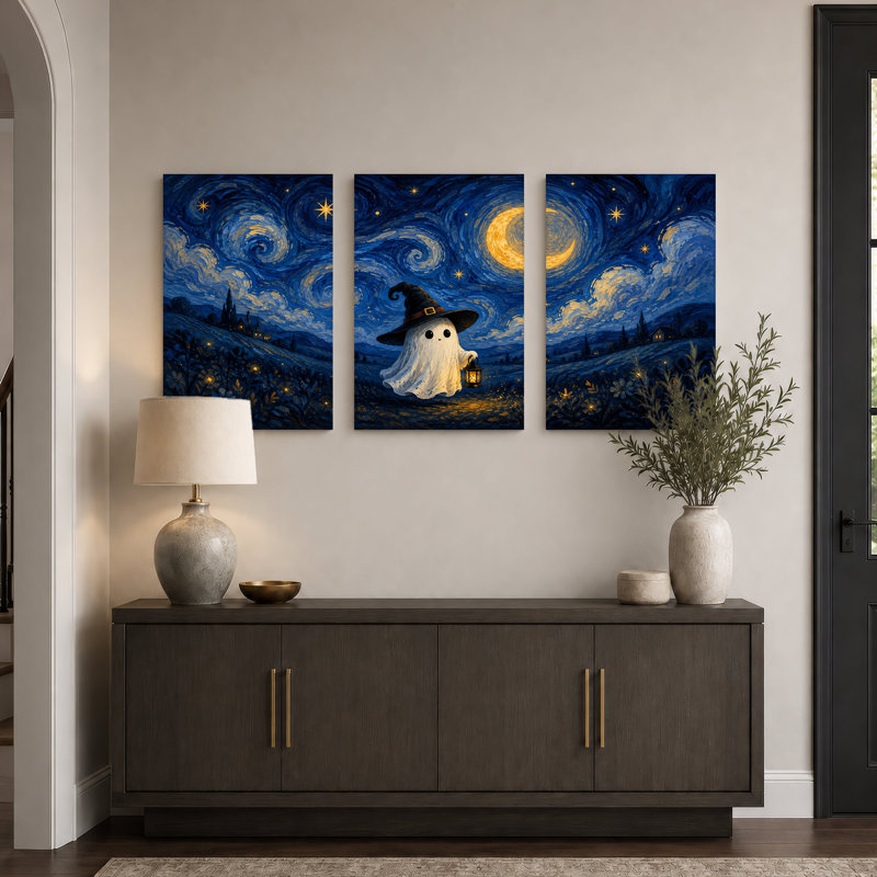 Adorable fantôme en chapeau de sorcière avec lanterne, ensemble de 3 toiles murales pour l'Halloween, 24"H x 16"W x 3pcs