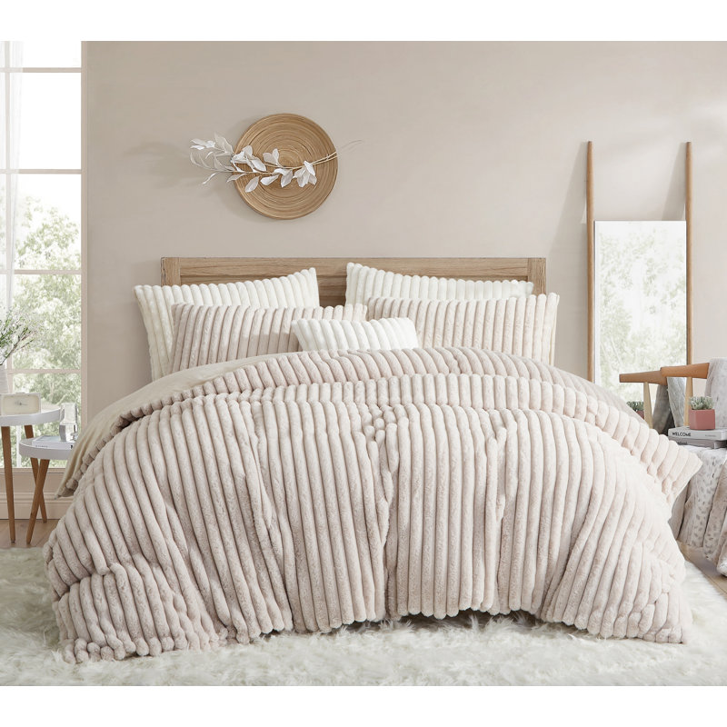 Ensemble de housse de couette rayée Winter Warm Fluffy, Grand lit, Beige