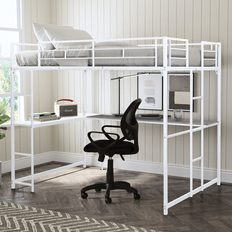 Lit mezzanine double blanc de style contemporain avec structure en métal et deux configurations, idéal pour la construction d'une chambre à coucher