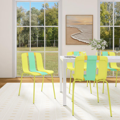 Modern Striped Color Block Chairs, Indoor/Outdoor PP Plastic Seat With Sturdy Metal Legs (Set Of 4) by Corrigan Studio