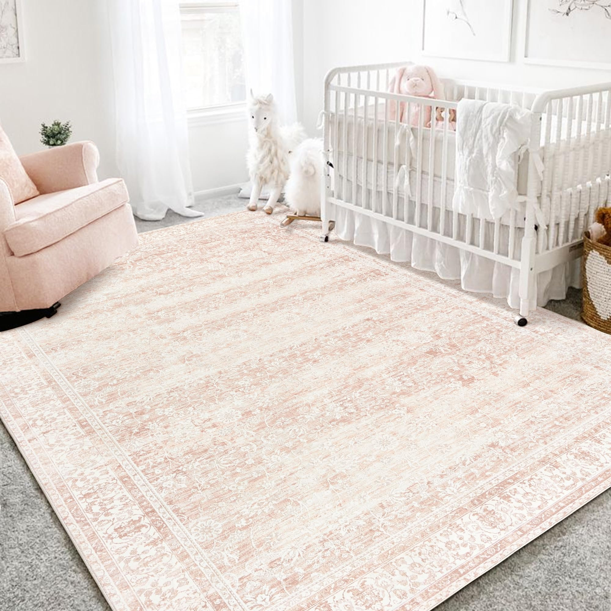 Bungalow Rose Nursery Rug For Baby,Neutral Blush Pink Boho Cute Floral ...