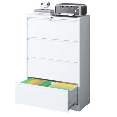 Classeur à dossiers verrouillable blanc en métal pour 4 classeurs, idéal pour le bureau à domicile, compatible avec différents formats, finition et construction robustes.