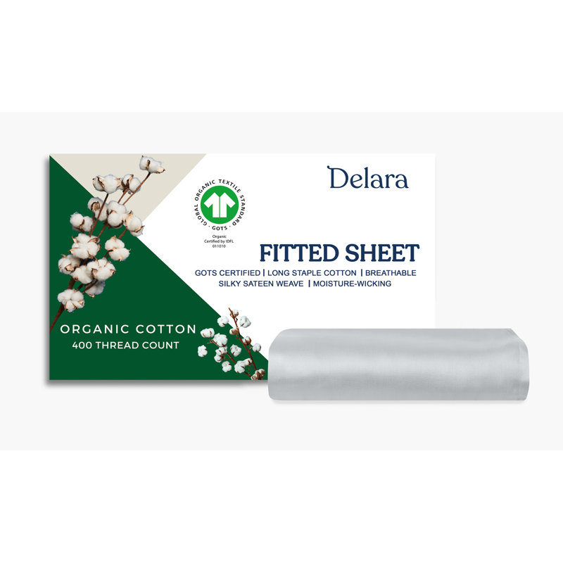 Delara GOTS-Certified Organic Cotton Sateen Fitted Sheet, 400 Thread Count, Soft Long-Staple Cotton, 16" Deep Pocket