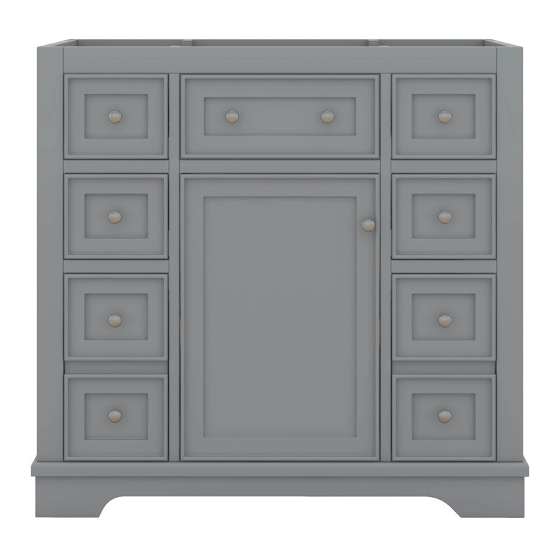 Meuble-lavabo 36 po sans lavabo, base d'armoire seulement, une armoire et six tiroirs, cadre en bois massif, Gris