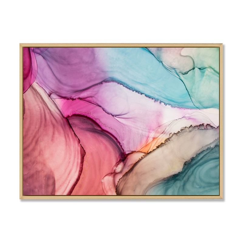 Marbre luxueux turquoise liquide - art mural moderne sur toile, H 34 po x l 44 po x P 1,5 po, Toile avec cadre flottant brun