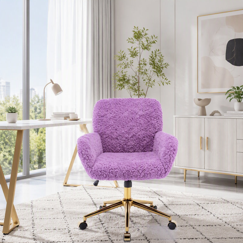 Chaise de bureau pivotante en faux alpaga et base dorée, Velours violet
