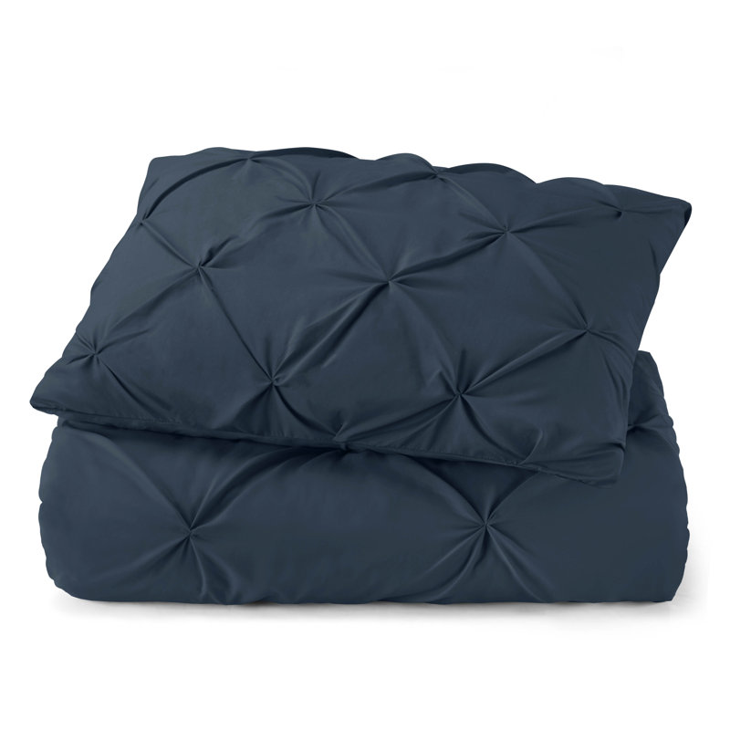 Double Brushed Pleated Duvet Cover Set, Navy, Twin Duvet Cover + 1 Standard Pillowcase
