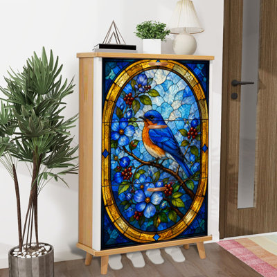 Shoe Storage Cabinet with 3 Flip Drawers for Stained Glass Print Vibrant Bluebird Perched Branch Flowers Shoe Rack Storage Organizer