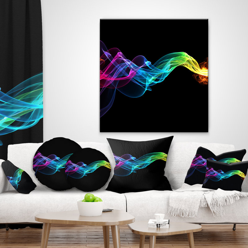 «Abstract Ribbon Waves» sur fond noir - coussin imprimé abstrait, 18 po x 18 po, Coussin décoratif