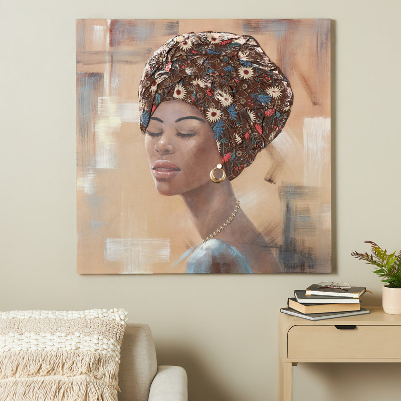 Cole et femme en toile grise, art mural avec coiffe en tissu 3D et bijoux en or