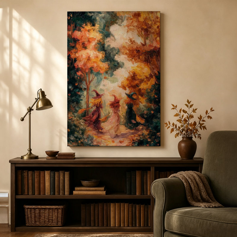 «Three Witches in an Autumn Forest», reproduction d'art sur toile tendue, 24 x 36 po, prête à être suspendue