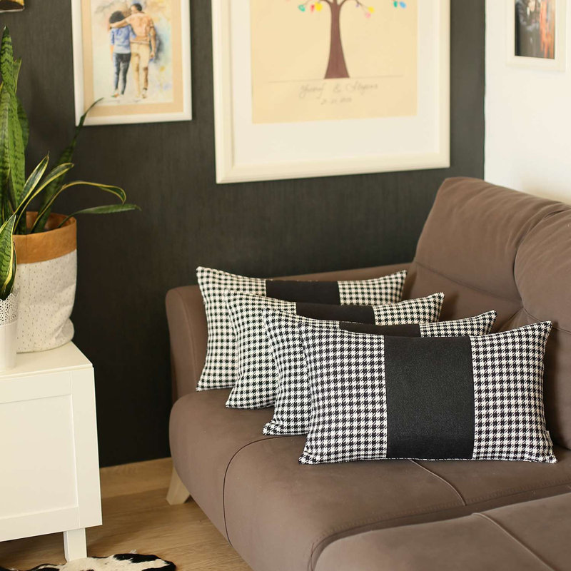 Housse de coussin rectangulaire en similicuir, Pied-de-poule, Noir