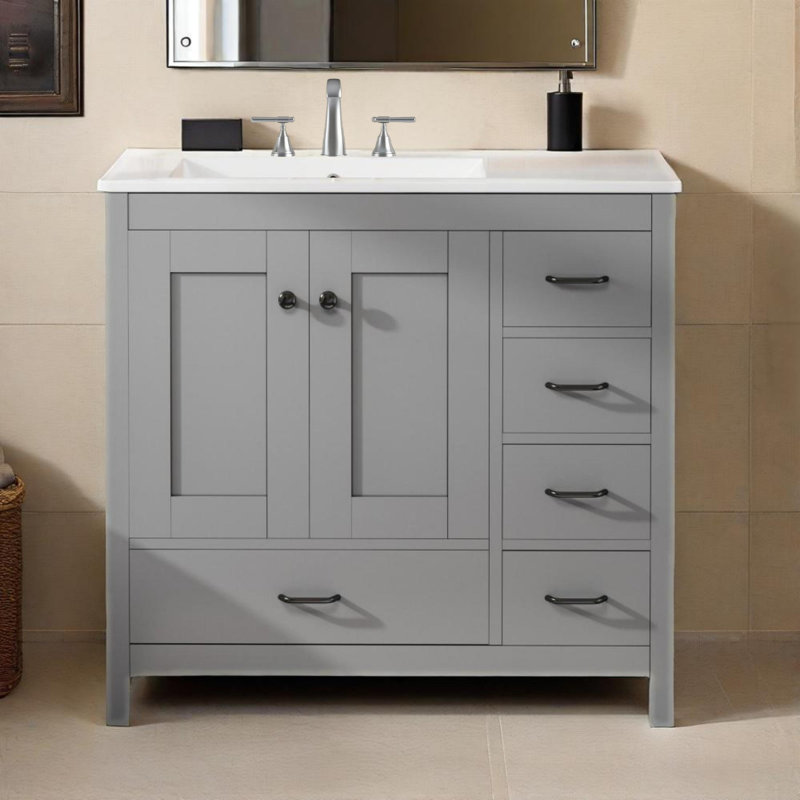 Meuble-lavabo 36 po avec lavabo en céramique, armoire de rangement abondante, 2 portes à fermeture douce et 5 tiroirs