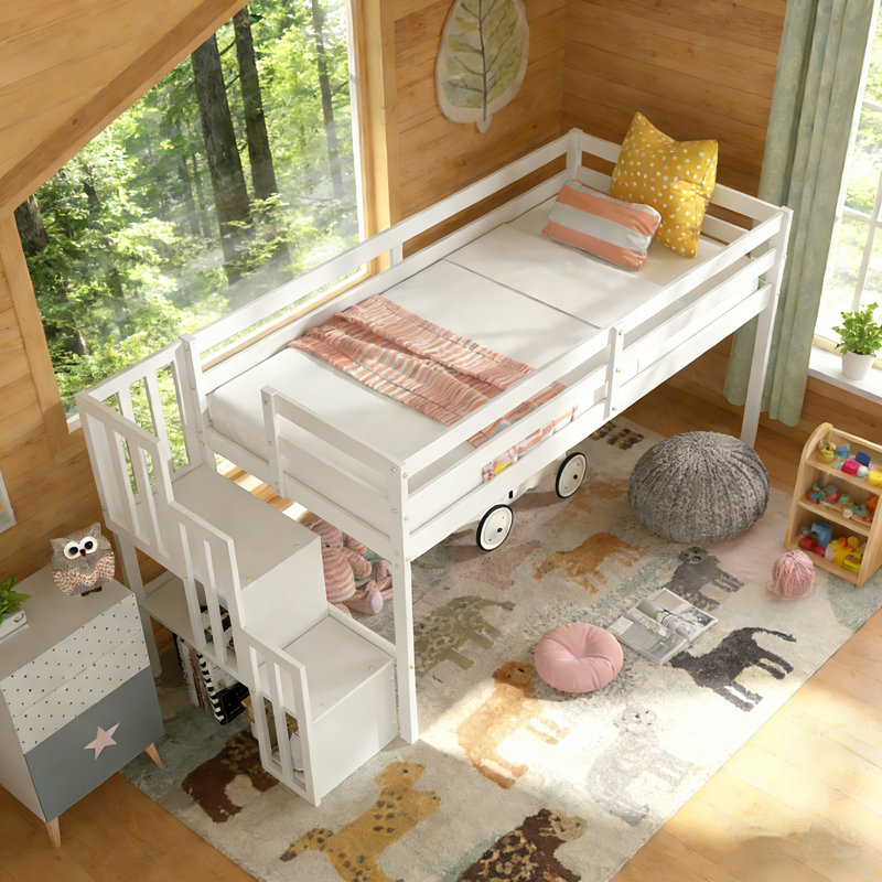 Lit mezzanine bas simple en bois massif avec escalier de rangement main courante, Blanc