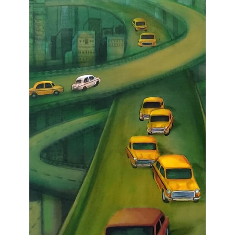 «Beautiful Flyovers in Kolkata City», peinture à l'acrylique sur toile par Payel Mitra - 24 po x 24 po, paysage urbain urbain