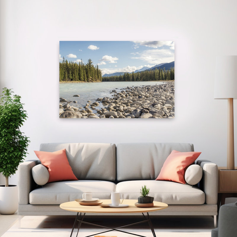 Serene Mountain River Shore Peaceful Serene Tranquil Forest Landscape Wall Art Print by Lynann Colligan - Print