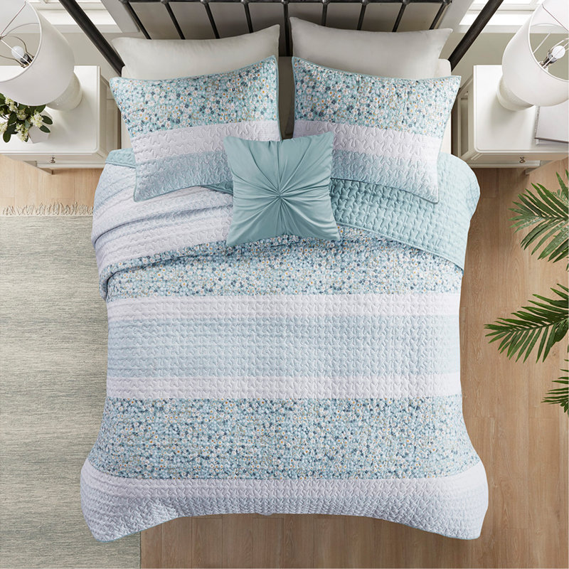 Ensemble de courtepointe pour lit double / grand 4 pièces avec coussin décoratif, motif floral et rembourrage hypoallergénique