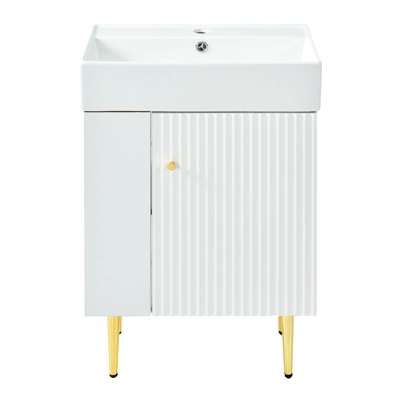 Meuble-lavabo blanc de 21,6 po avec lavabo en céramique et rangement sur le côté gauche, White