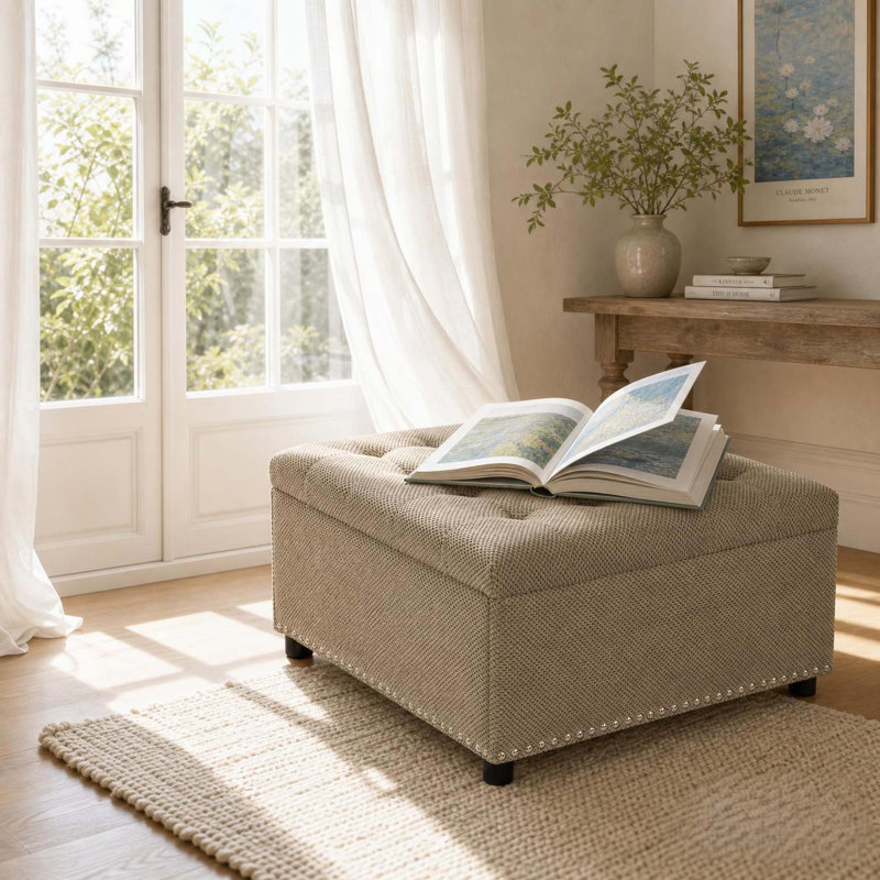 Repose-pieds capitonné avec rangement caché et garniture cloutée pour le salon, la chambre et la maison, Camel