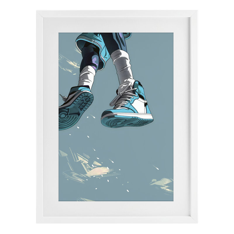 Saut sportif avec espadrilles, reproduction encadrée sous verre, design par Ray Powers, H 23 po x l 17 po, Cadre blanc côtier