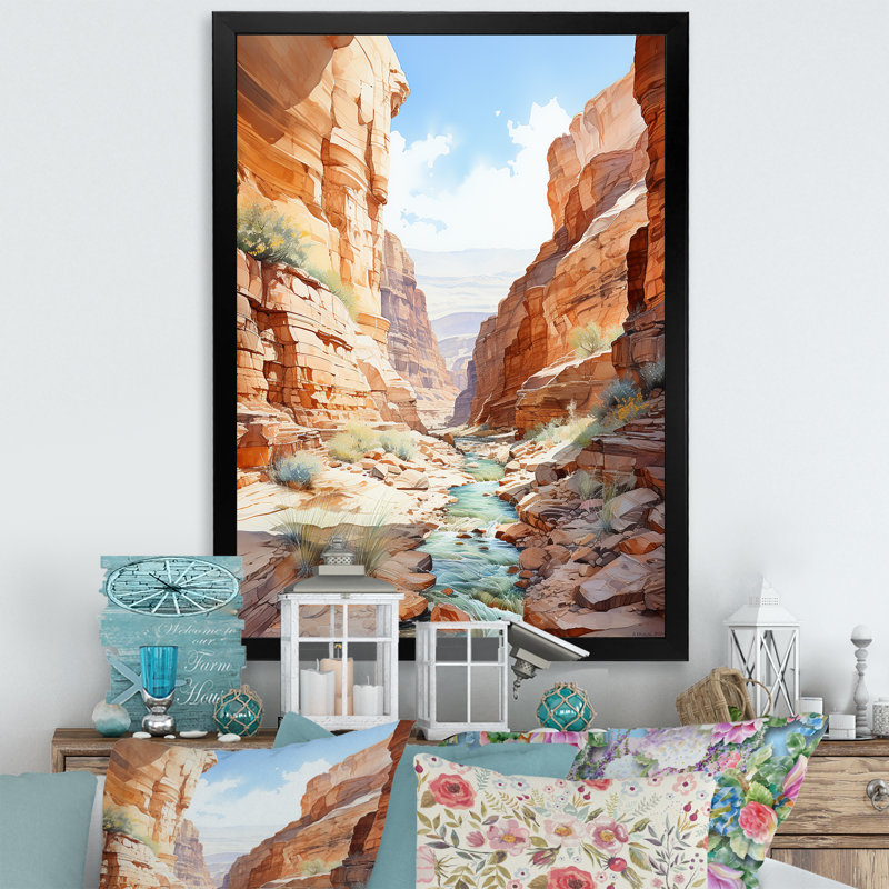 River by the Canyon Landscape I - Canyon, art mural sur toile, Cadre simple noir, H 40 po x l 30 po x P 1,5 po
