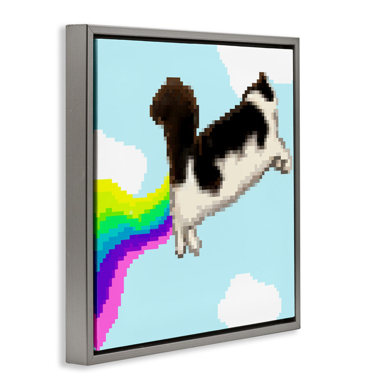 «Whimsical Cat Flying Floater», art mural sur toile par June Erica Vess, Cadre flottant gris lustré, H 18 po x l 18 po
