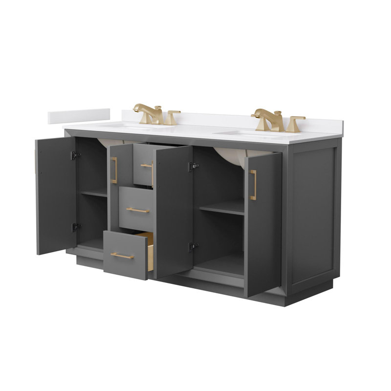 Strada 66" Freestanding Double Bathroom Vanity with Cultured Marble Top, Gray, Satin Bronze
