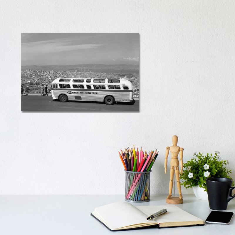 1950s Sightseeing Tour Bus Parked At Twin Peaks For View Of San Francisco And Bay Area California USA - Wrapped Canvas Print