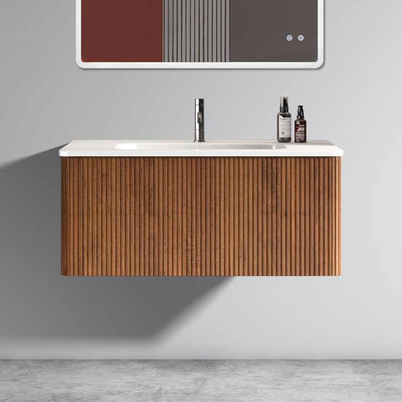 Striped Walnut Bathroom Vanity With White Ceramic Sink, Wall Mounted Floating Bathroom Vanity For Modern Bathroom, Pre-Assembled, Bathroom Vanity