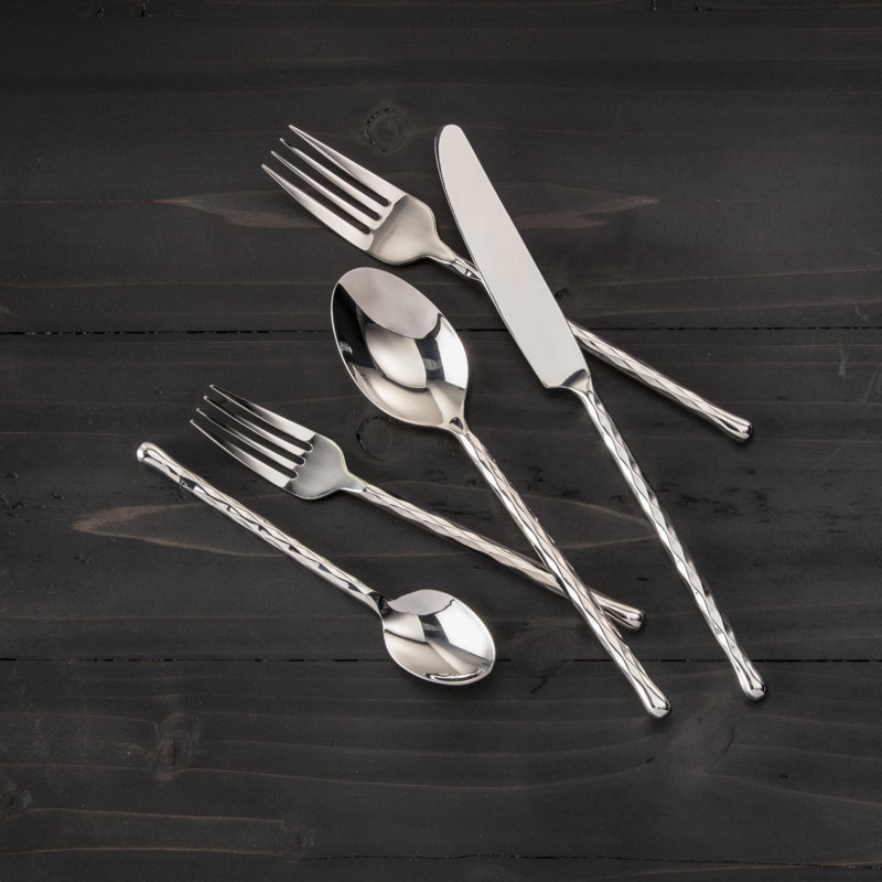 Fortessa Spindle 18/10 Stainless Steel, 5 Piece Flatware Set (Service for 1), Silver